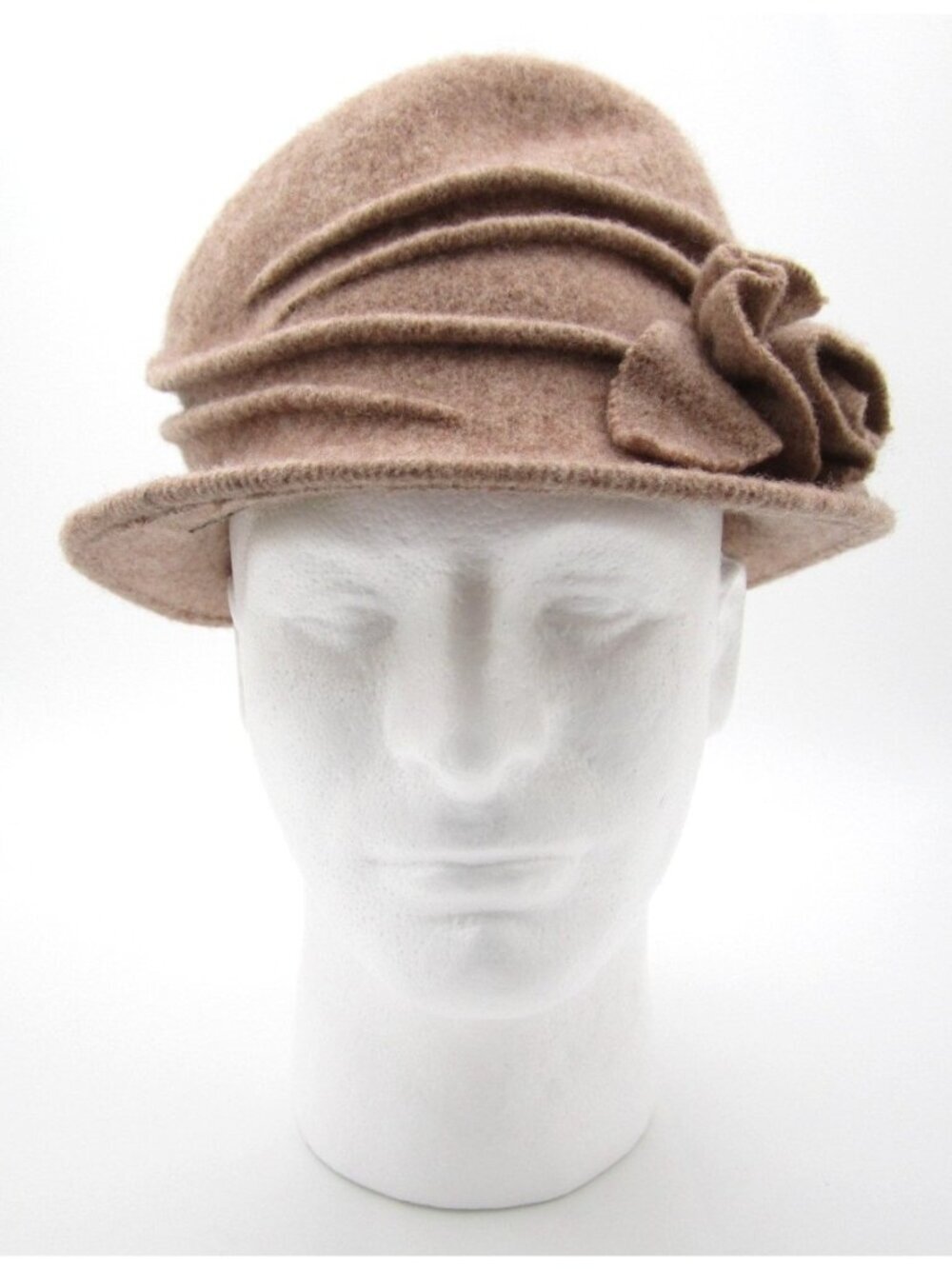 Vintage Scala Collezione Women Taupe Boiled Wool Cloche Hat Flower Accent (F)